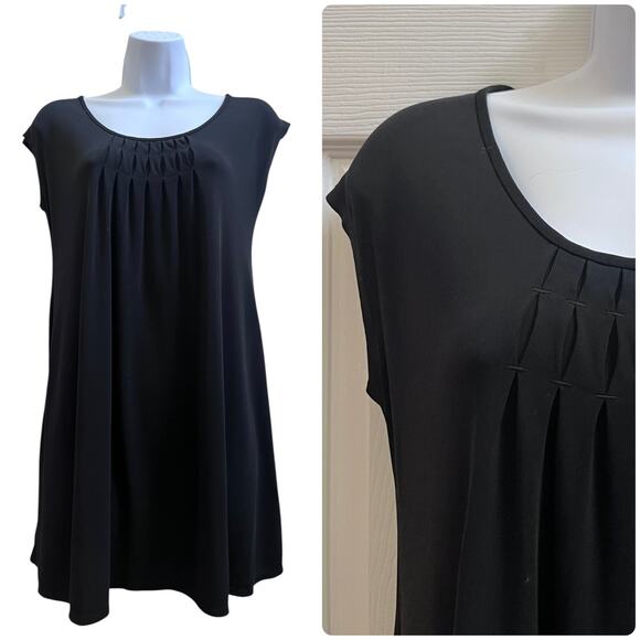 Eileen Fisher Black Silk Front Pleated Cap Sleeve Tunic Blouse Small Minimalist - Picture 2 of 13